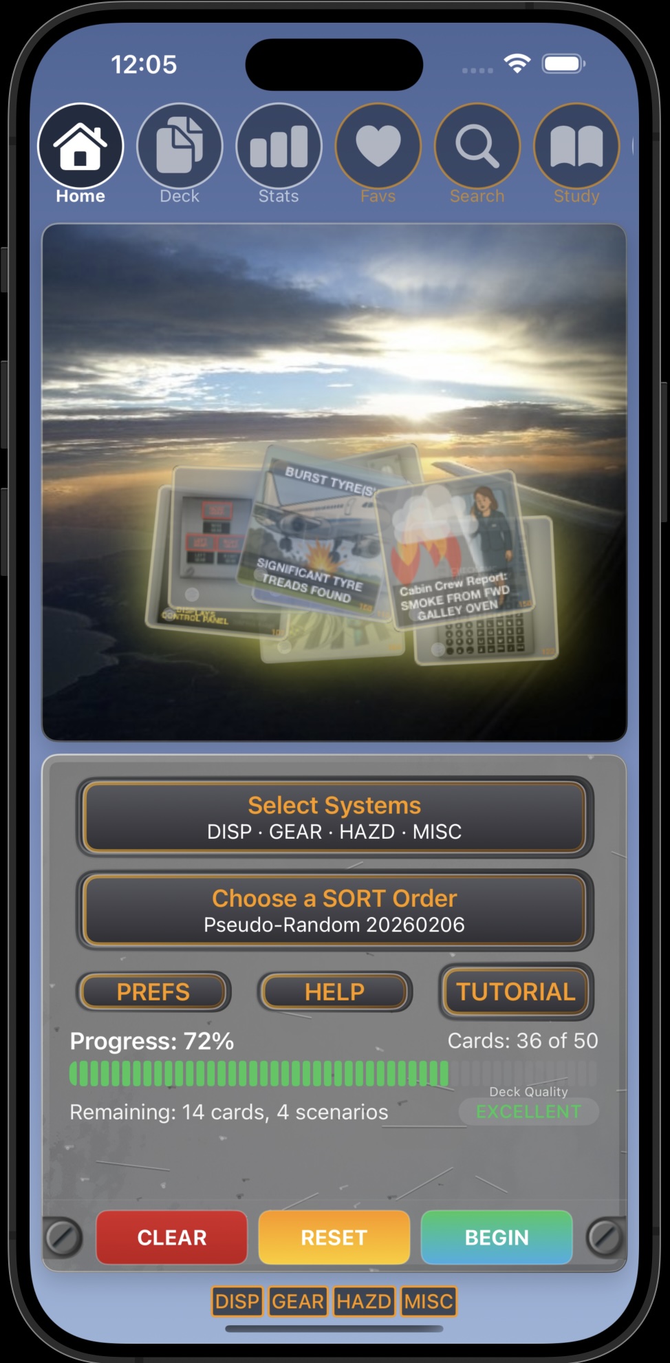 Scenario 737 app showing scenario selection screen with various training categories