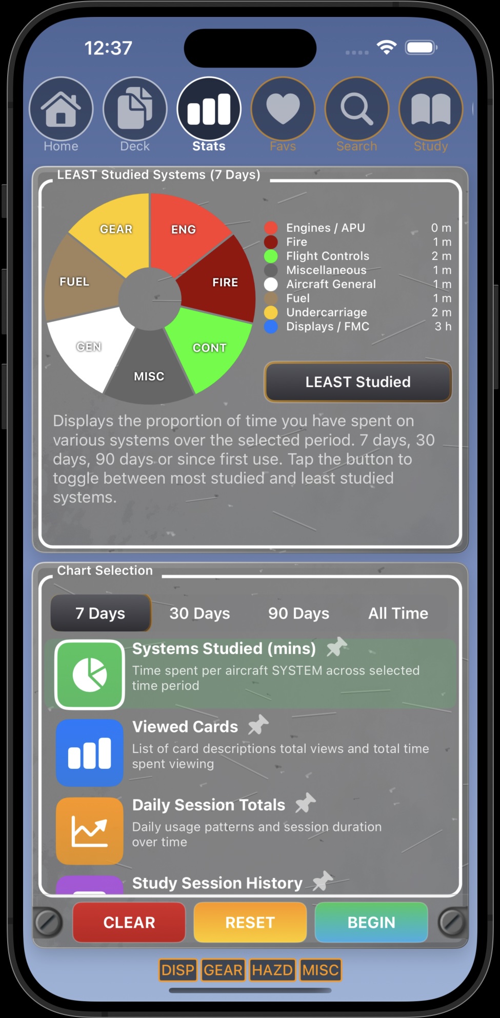 Scenario 737 app showing interactive scenario walkthrough with decision options